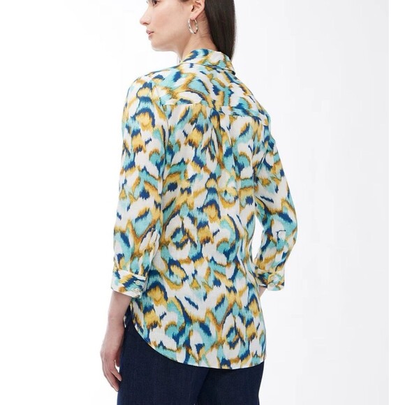 Chico's No-Iron Colorful Ikat Print Linen Long Sleeve Button-Down Shirt Sz 4/20 - Picture 2 of 9